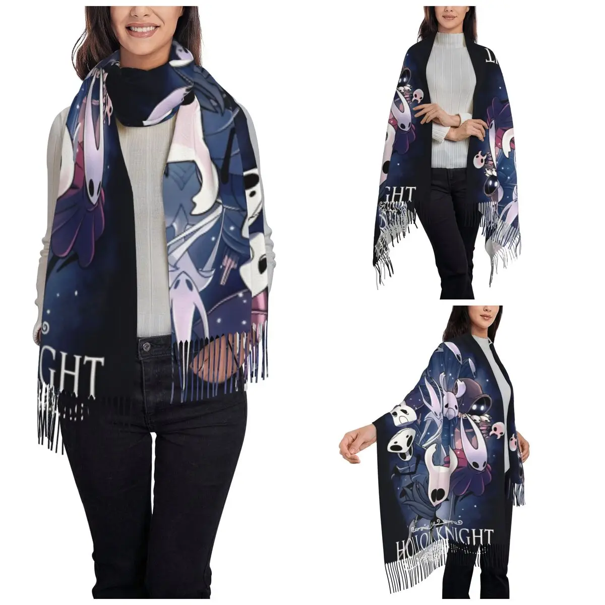 Hollow Knight Game Shawls Wraps for Women Winter Large Long Scarf Ghost Skull Neckerchief Tassel Scarves