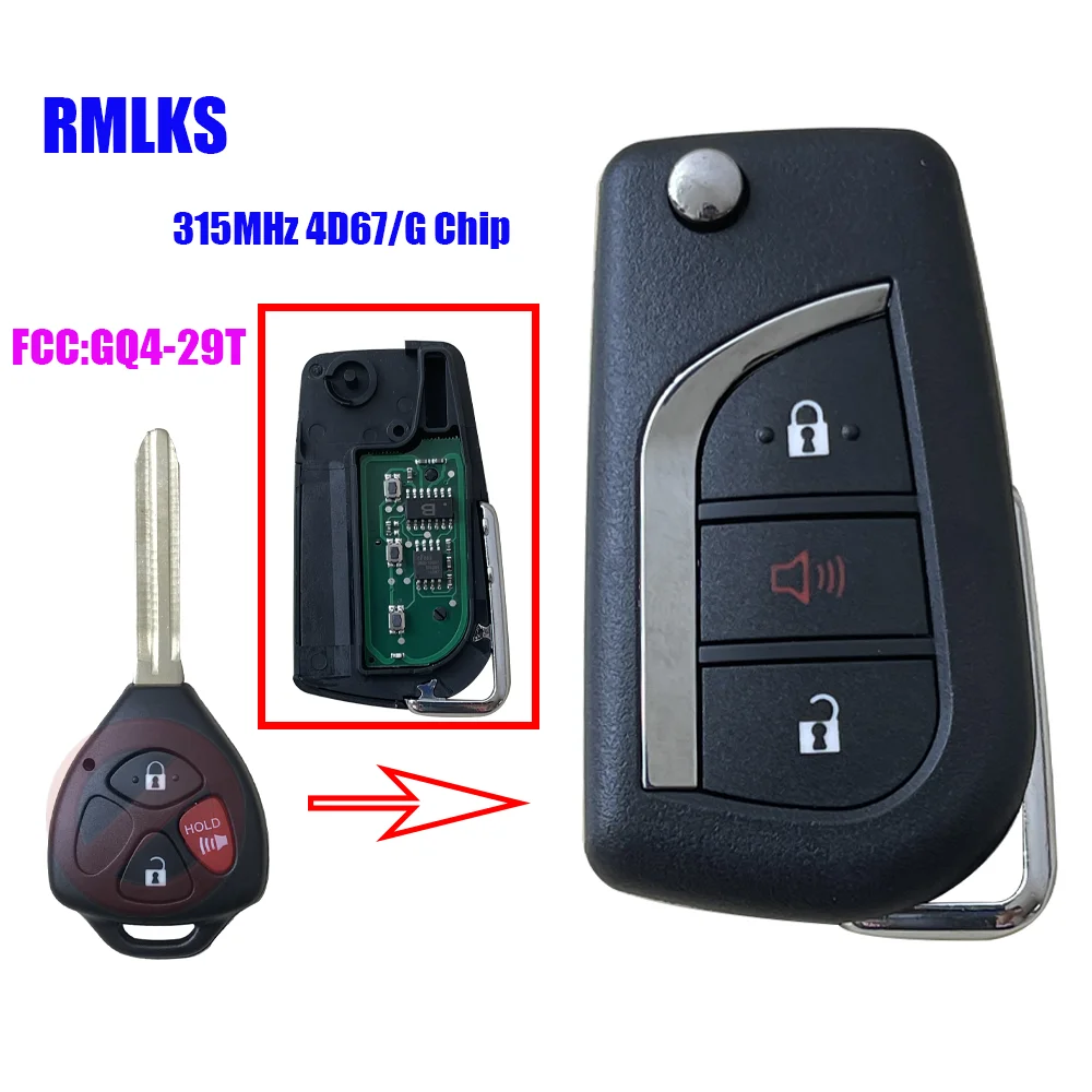 

GQ4-29T 3 BUTTON FLIP KEY FOB KEYLESS ENTRY REMOTE FITS 2008-2010 FOR TOYOTA COROLLA & 2008-2013 AVALON 315MHZ 4D67 G CHIP