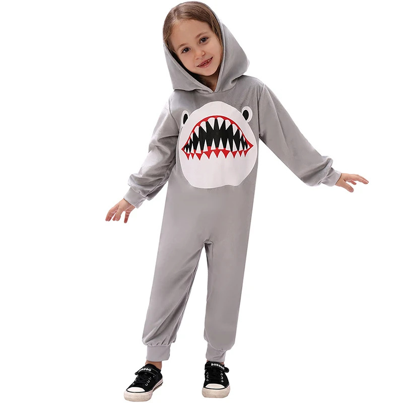 New Arrival Unisex Shark Open Mouth Onesie Cosplay for Kids Girls Book Week Fancy Dress Up Grey Reef Shark Costume for Child