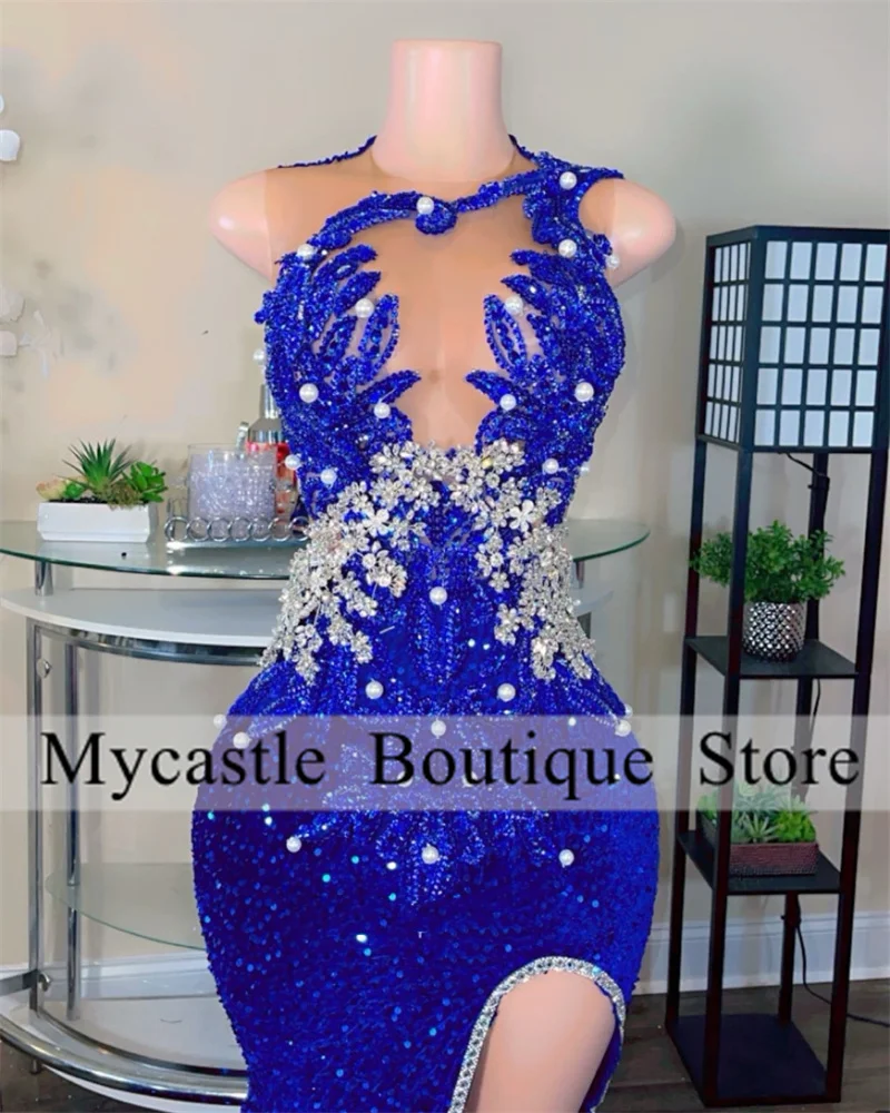 Royal Blue Sequins Rhinestones Prom Dress For Black Girl 2026 Customized Beaded Crystal High Slit Evening Dresses Party Gown