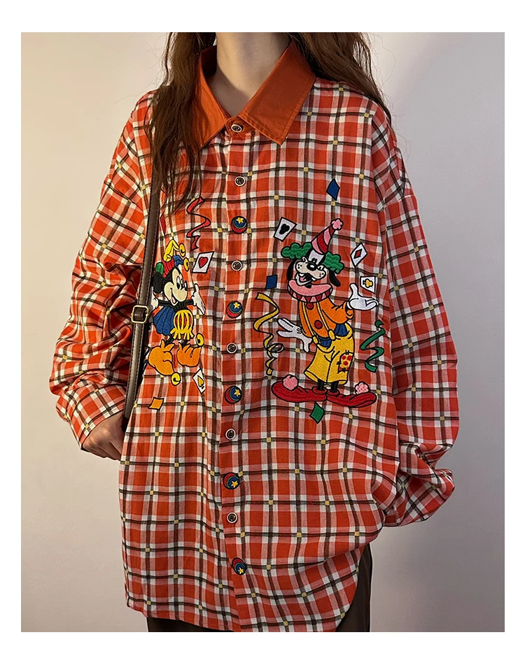 Japanese Retro Cartoon Embroidered Plaid Long-sleeved Shirt Women 2024 Spring Autumn Loose Lapel Single-breasted Cotton Tops