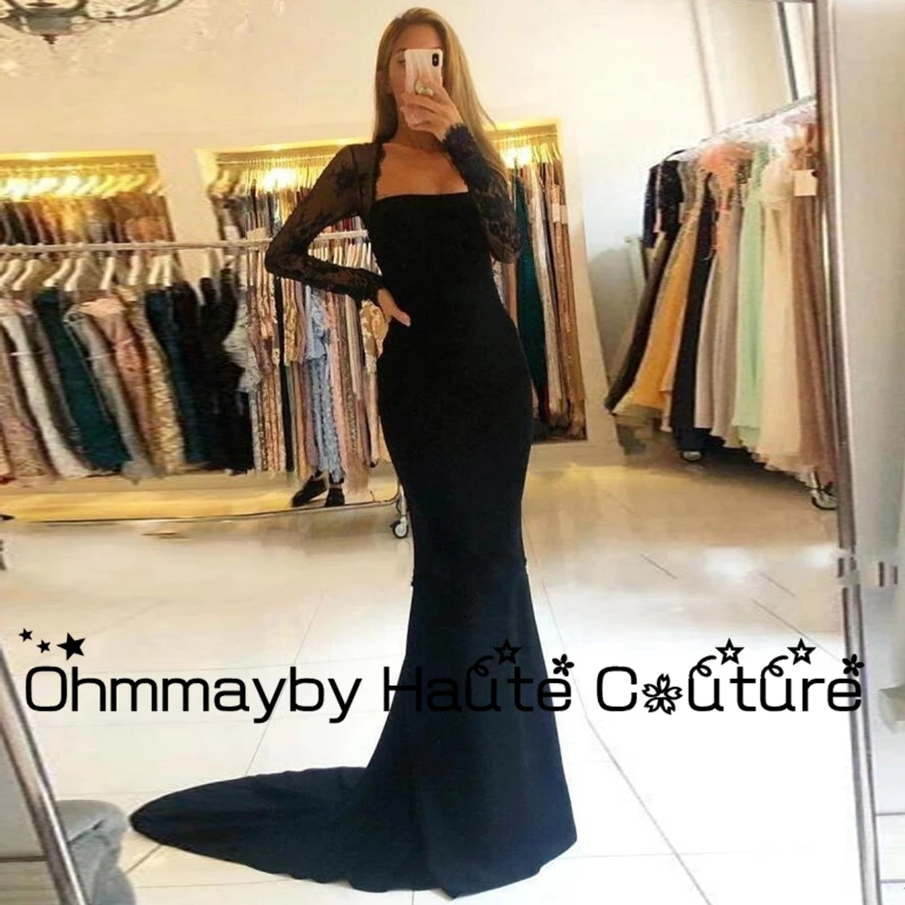 

Sweep Train Mermaid Prom Gown Black Fashion Full Sleeves Lace Evening Dresses with Bow Jersey Robes De Soirée 2024 Summer