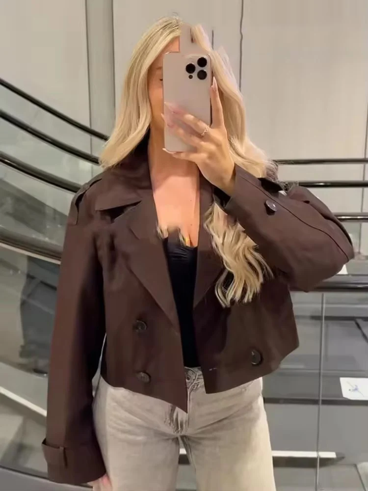 

Осенняя женская куртка 2024, укороченные куртки с длинными рукавами для женщин, модные двубортные короткие пальто, повседневная новая верхняя одежда