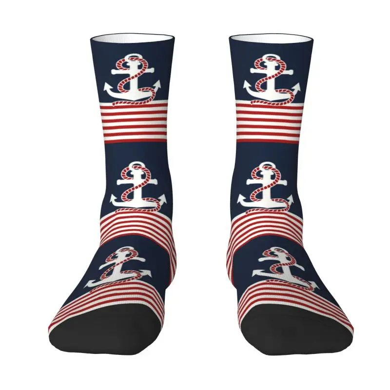 Custom Fun Mens Navy Blue Stripes Nautical Anchor Boat Dress Socks Unisex Comfortable Warm 3D Print Crew Socks