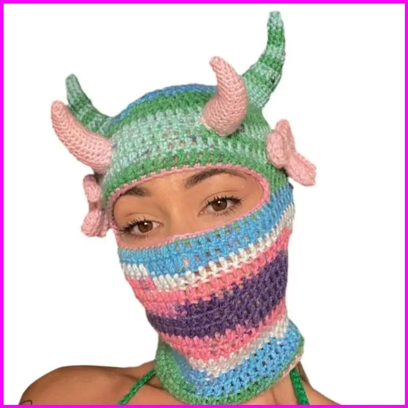 Spooky Knitted Beanie Hat Unique Horn Halloween Balaclava Hat Costume