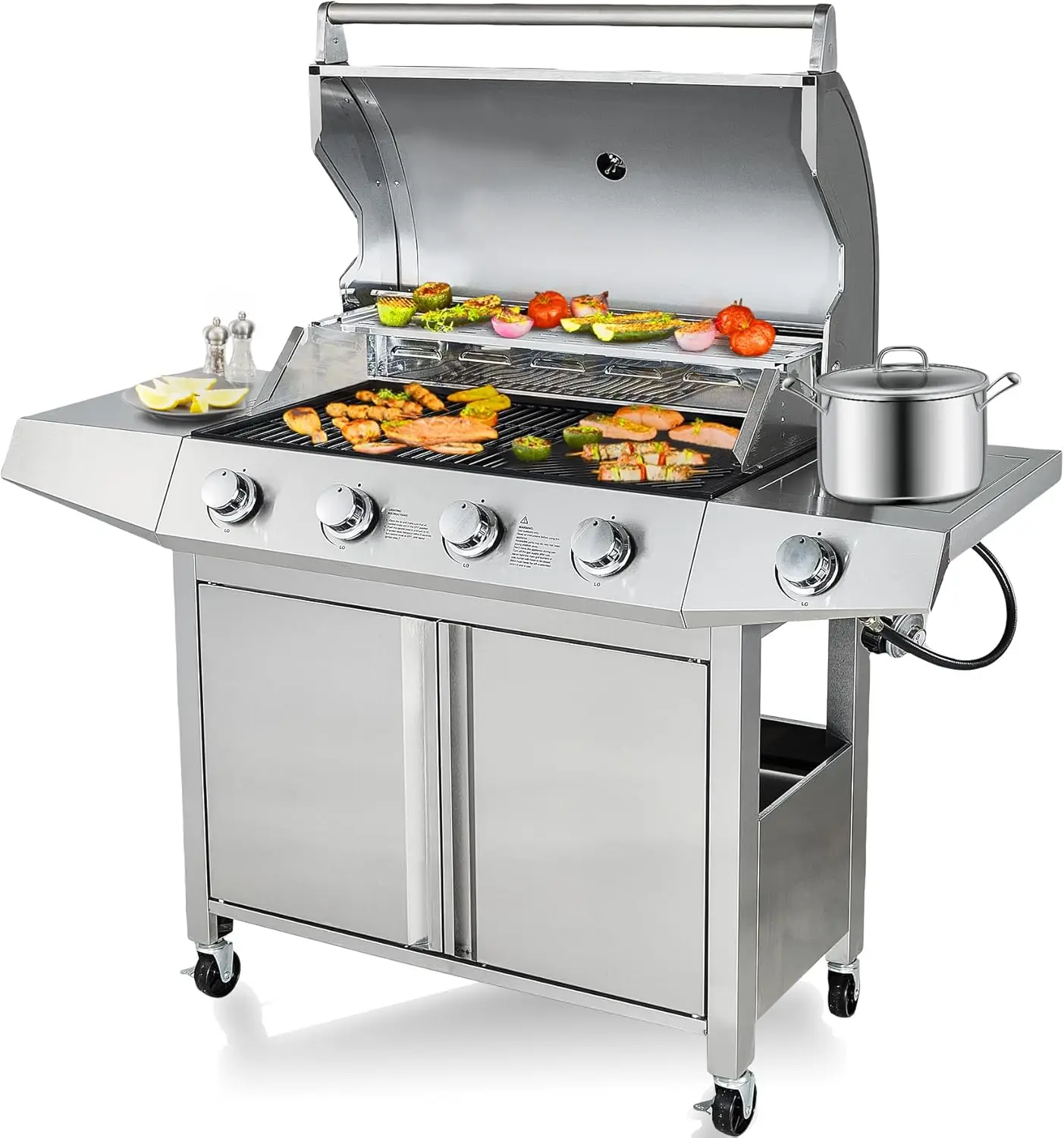 

4-Burners Propane Gas Grill with Side Burner & Build in Thermometer Porcelain-Enameled Cast Iron Grates 48500 BTU for Backyard B