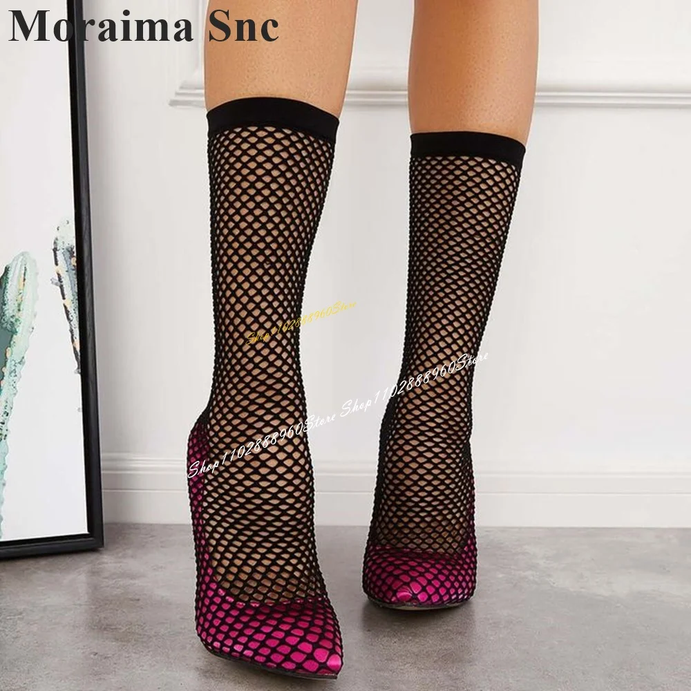 Trendy Rose Red Mid Calf Black Net Pumps Thin High Heel Shoes For Women Slip On Pointed Toe 2024 Fashionable Zapatos Para Mujere