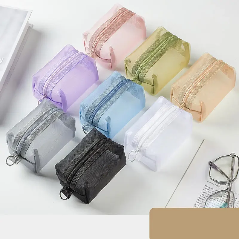 Mini Clear Nylon Mesh Cosmetic Bags Cute Women Small Lipstick Makeup Bags Pouch Data Line Key Earphone Organizer Case