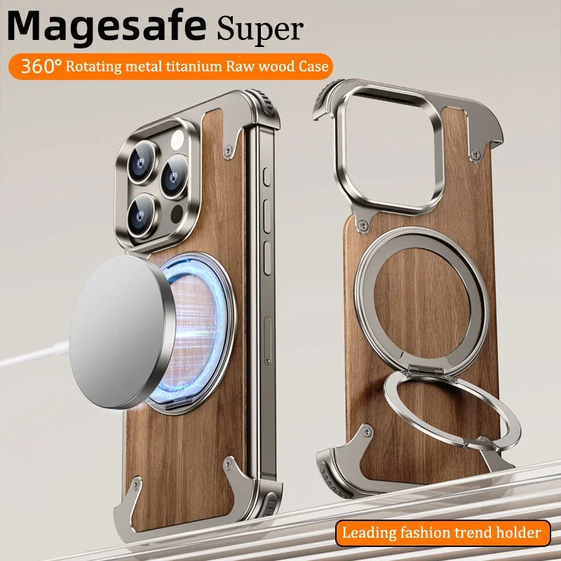 Walnut Wood Metal Framework Case, 360 ° Rotating Ring Stand Magnetic Magsafe Holder, Protective Cover, iPhone 16, 15, 14 Pro Max