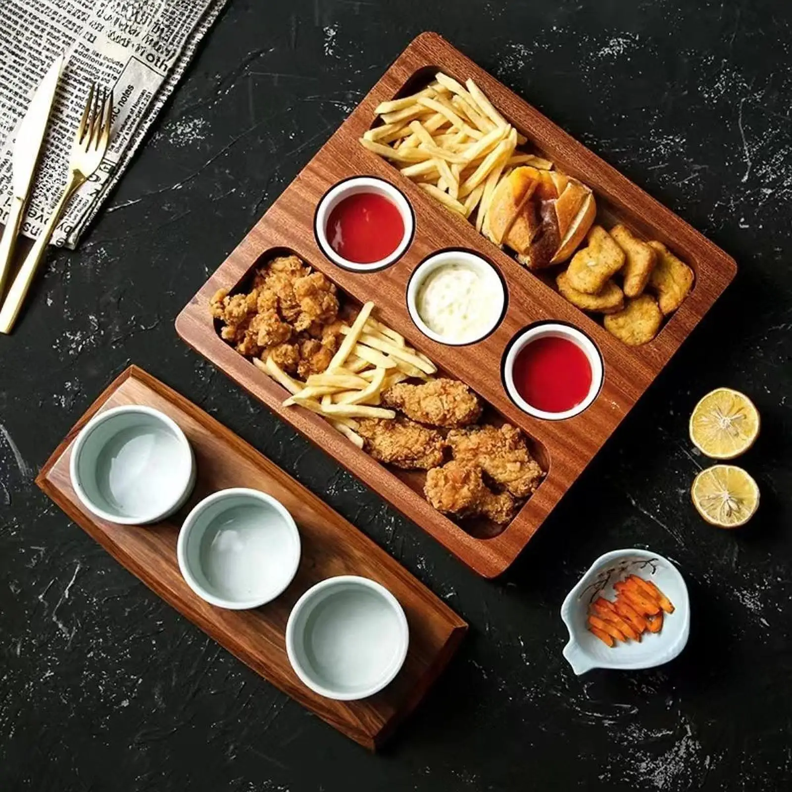 

Snack Plate with 3 Round Sauce Bowls Decor Sauce Dish for Snacks Nibbles Sauce