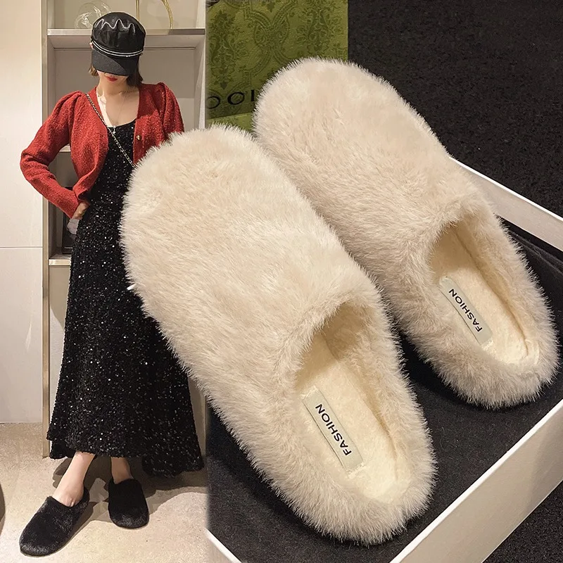 

2025 Women Slippers Fashion Solid Color Soft Sole Furry Slippers Warm Flat Comfortable Casual Warm Plush Shoes
