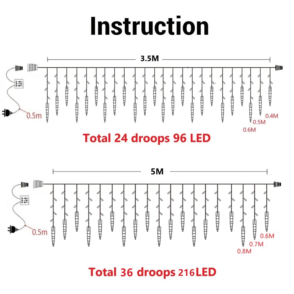 Led Noël Icicle Lumières Extérieur 2025 Droop 0.5 / 0.6 / 0.7M Festoon Led Light Nouvel An 2025 Accessoires de décoration de pièce Guirlande de rue pour mariage / Saint-Valentin / Maison / Chambre / Party / Chambre à c