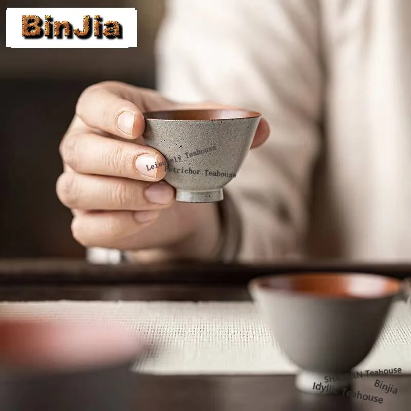 2pc/lot Handmade Gray Coarse Pottery Teacup Chinese Ceramic Master Cup Small Tasting Fragrant Cup Master Cup Kung Fu Teaset 50ml