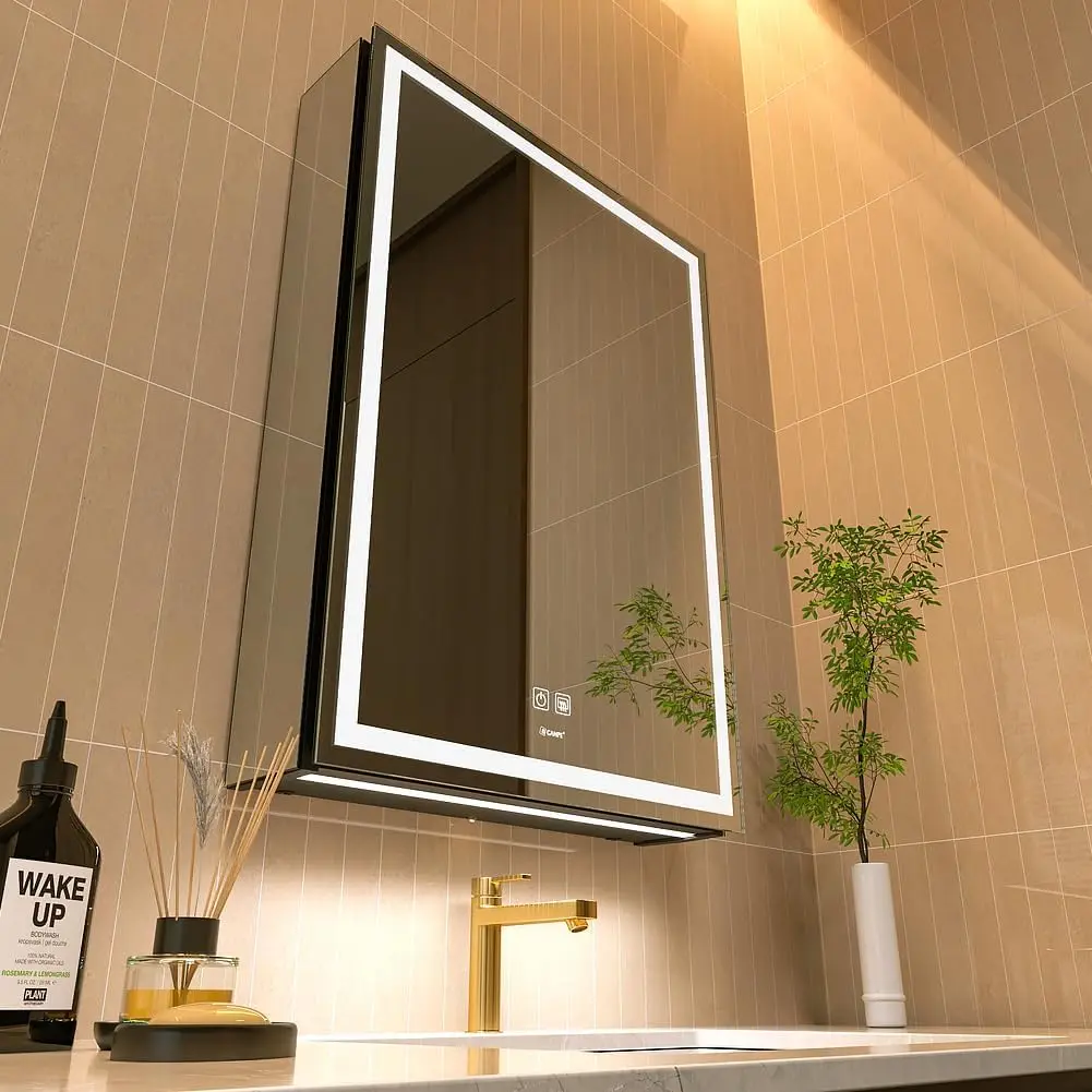 

Светодиодный противотуманный зеркальный шкаф для ванной комнаты с регулируемой яркостью освещения, USB-розетками, простой в установке алюминиевый каркас (правый шарнир, 28x20 дюймов)