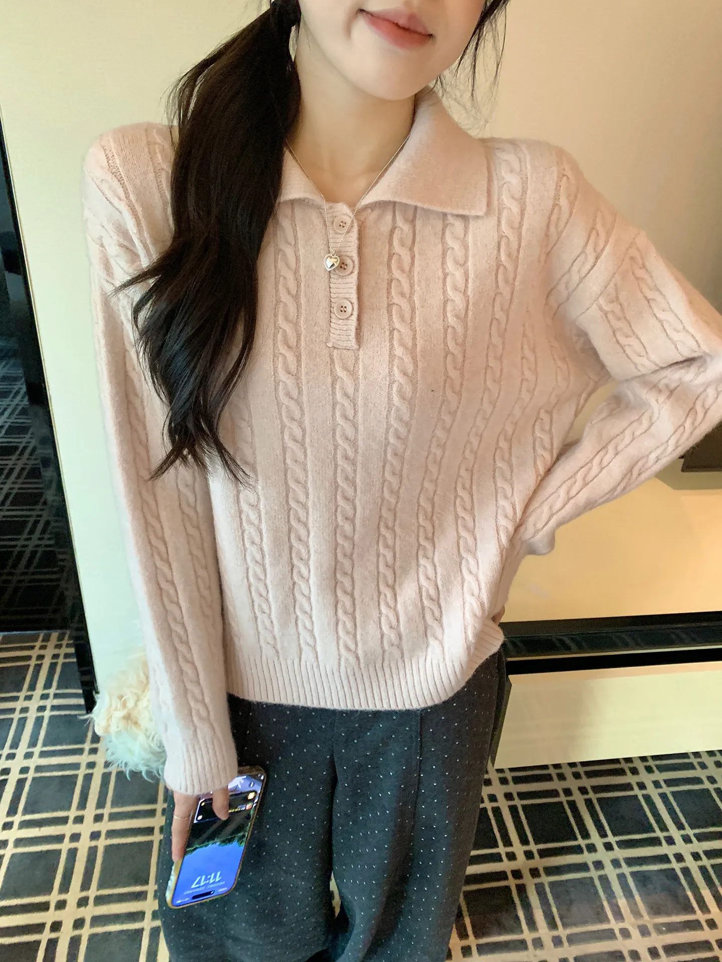 

Женский розовый вязаный свитер с полуоткрытым воротником, свободного кроя, базовый слой, повседневный стиль, теплый зимний топ, для ношения как внутренний, так и внешний слой