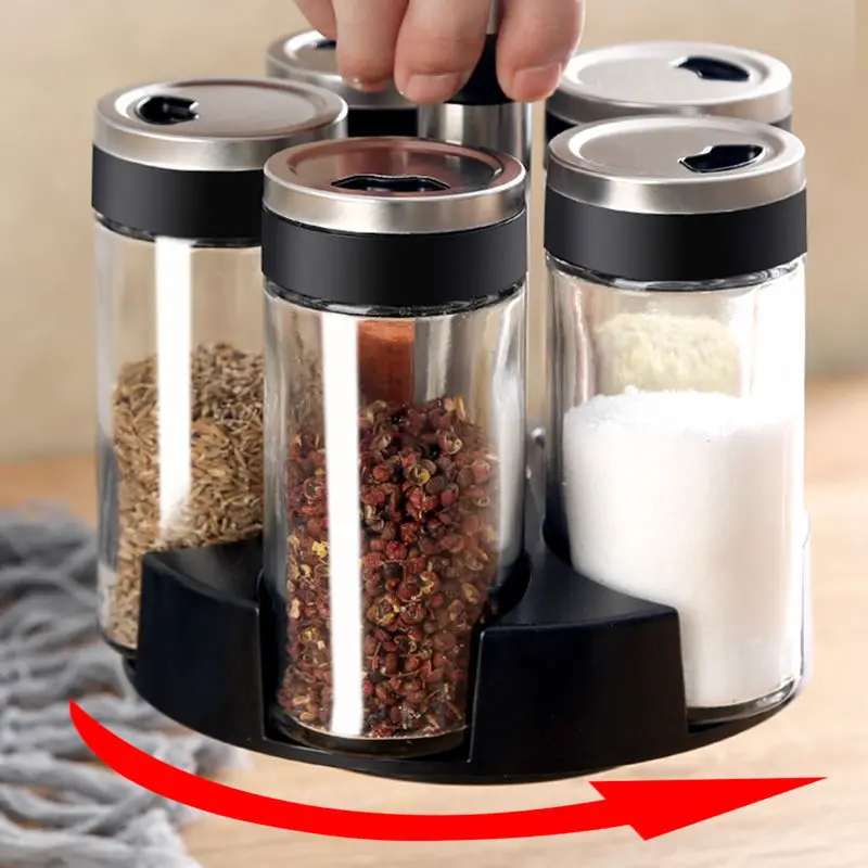 

Spice Jar Glass Bottle Pepper Container Seasoning Box Holder Jars Rack Set Kitchen Organizer