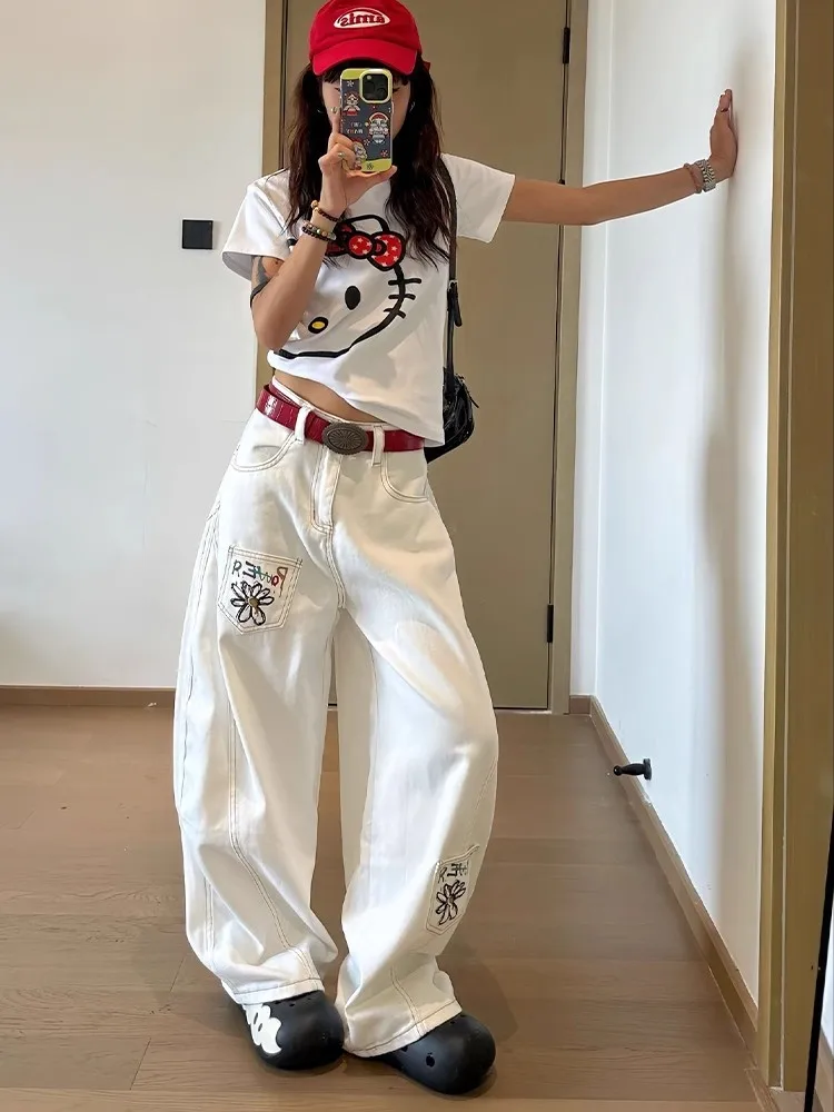 

Cleanfit White Curved Knife Jeans Men's Women's American High Street Design Straight Leg Wide Leg Scythe Pants