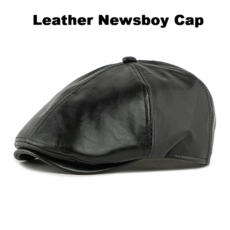 Men Vintage PU Leather Newsboy Gatsby Cap British Retro Flat Ivy Hat Autumn Winter Casual Baker Boy Cap for Daily Outdoor Wear