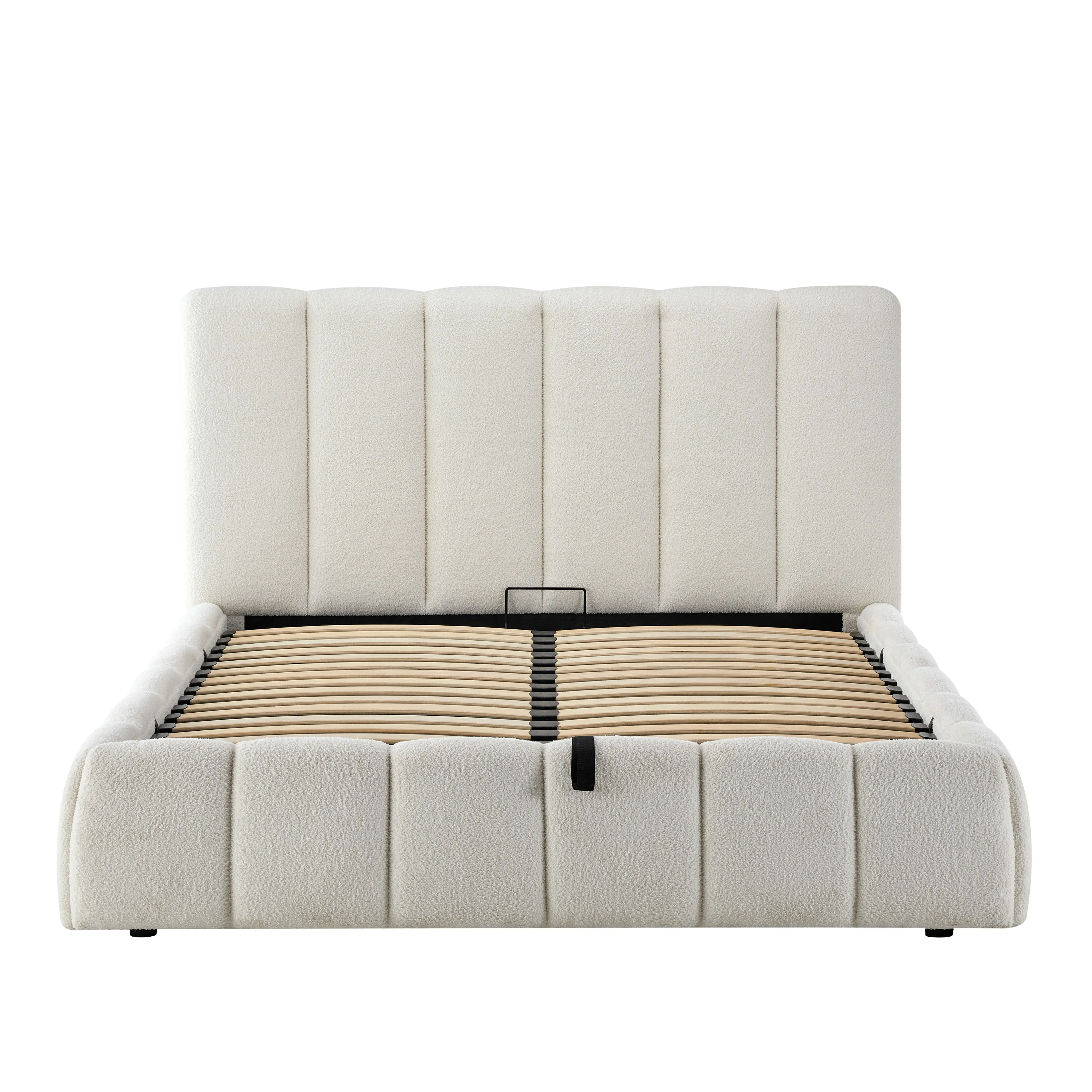 Wholesale Minimalist Nordic Modern Upholstered Wooden Bedframe Teddy White King Size Gas Lift up Bed Frame With Storagepromote s