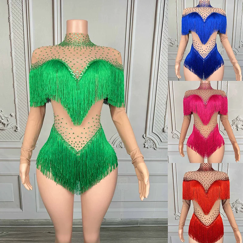 

Gogo Dance Clothes Green Fringe Rhinestone Bodysuit Dancer Singer Performance Outfit Women Stage Costume Dancewear Blue Red 3560