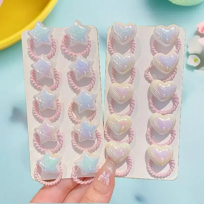 مجموعة من 10 حبال شعر لطيفة على شكل قلب ونجمة ولؤلؤية للأطفال؛ إكسسوارات شعر بأربطة مطاطية مرنة لفتاة الأميرة