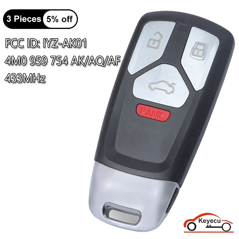 KEYECU 4 Buttons 433MHz for Audi TT A4 A5 Q7 SQ7 2016-UP Auto Keyless Go Smart Remote Key Fob IYZ-AK01, 4M0 959 754 AK / AQ / AF