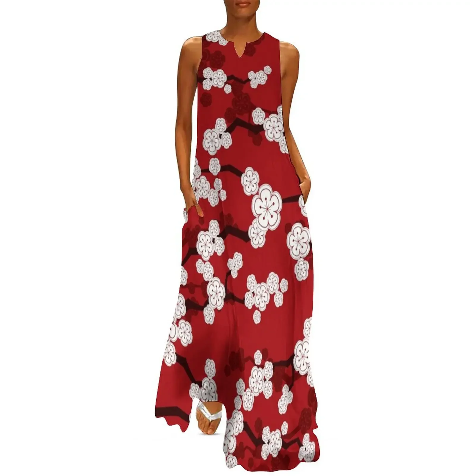 

White Oriental Cherry Blossoms On Red Zen Japanese Sakura Flowers  fatfatin Long Dress women's fashion dresses Dress