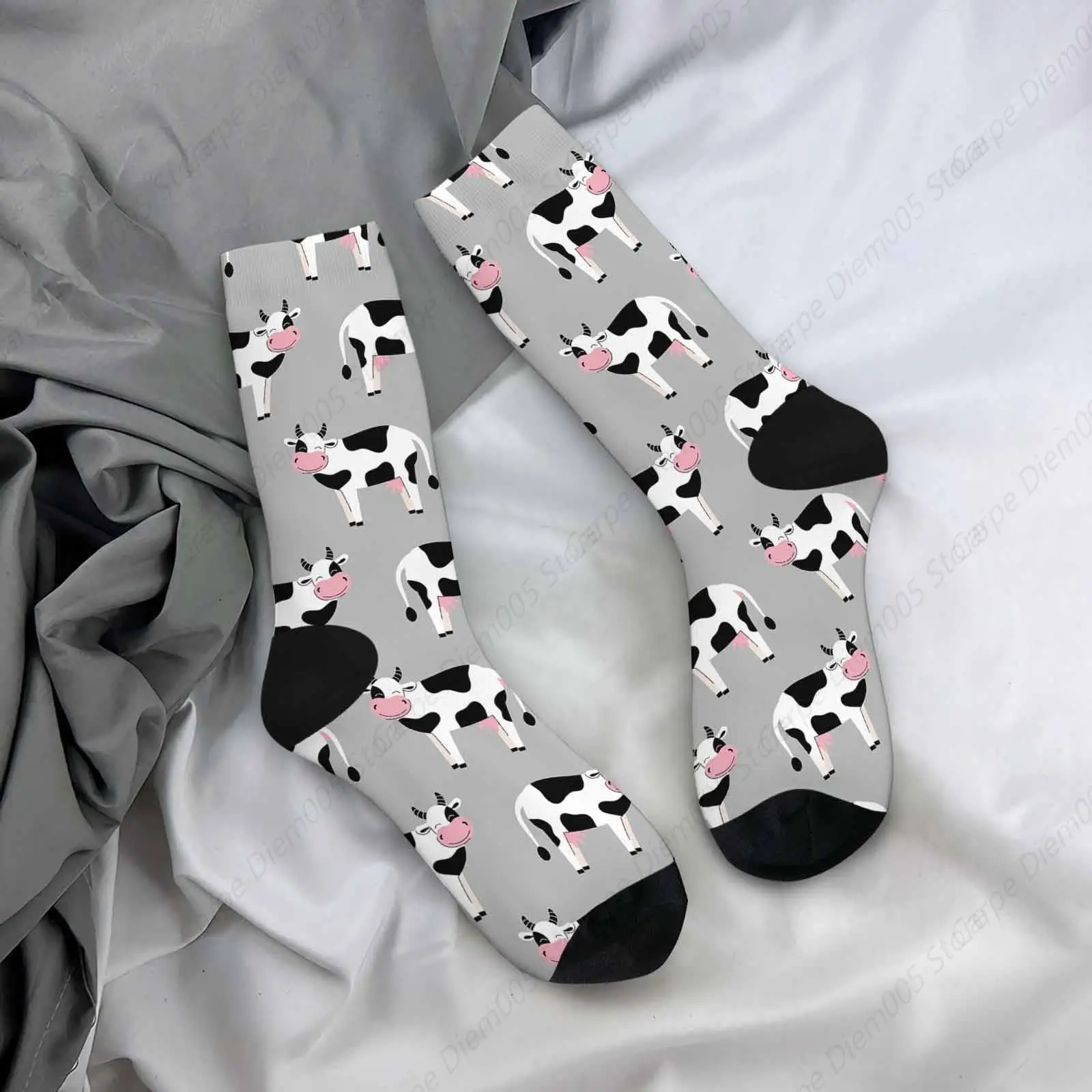 Milk Cow Funny Socks Cute Farm Animals Grey Novelty Casual Crew Socks Contrast Color Design For Women Men Gift