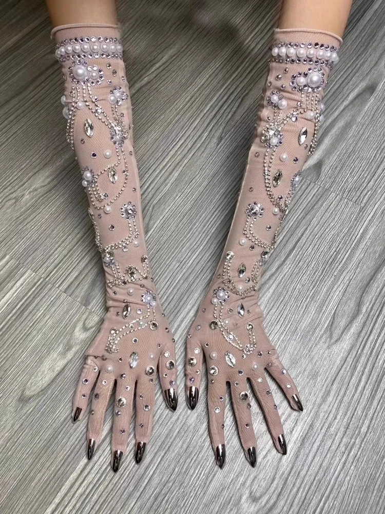 Full Rhinestone Stretch Long Gloves Stage Dance  Arm Sleeves Female Flash Drilling Rhinestone Full Finger Cosplay Gloves