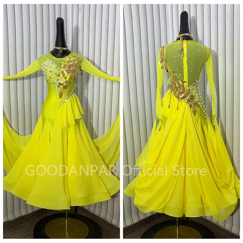 

GOODANPAR Новое стандартное платье для бальных танцев с длинными рукавами для женщин и девочек, костюм для соревнований без рукавов из лайкры, вальса, сценический желтый
