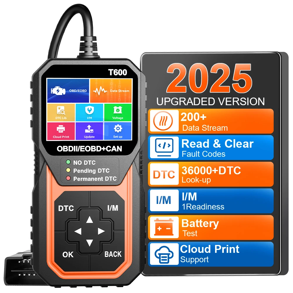 Compatible con impresión en la nube, Sensor de oxígeno, lector de código de prueba, herramienta de diagnóstico de coche, aspecto DTC automotriz, escáner OBD2 profesional T600