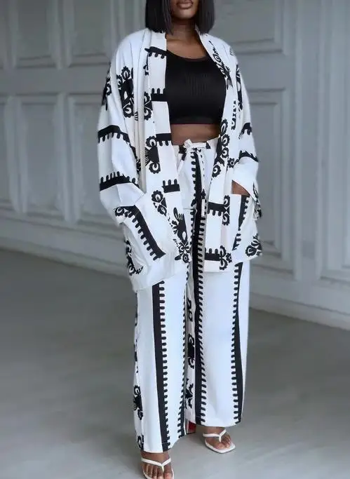 ツーピースセット レディース服 新作 ヴィンテージ バロック柄 オープンフロント 長袖コート＆ドローストリングウエスト カジュアル ワイドレッグパンツセット