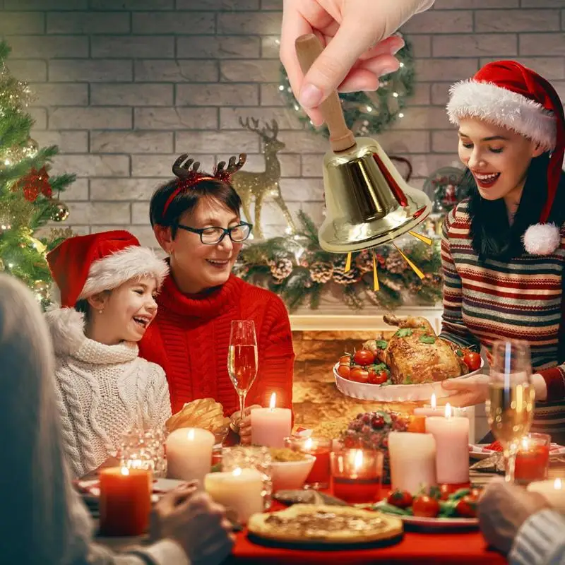 جرس يدوي لعيد الميلاد، جرس خدمة معدني مع مقبض خشبي، مستلزمات العطلات، جرس اتصال محمول باليد للمناسبات الرياضية والحفلات الزفاف