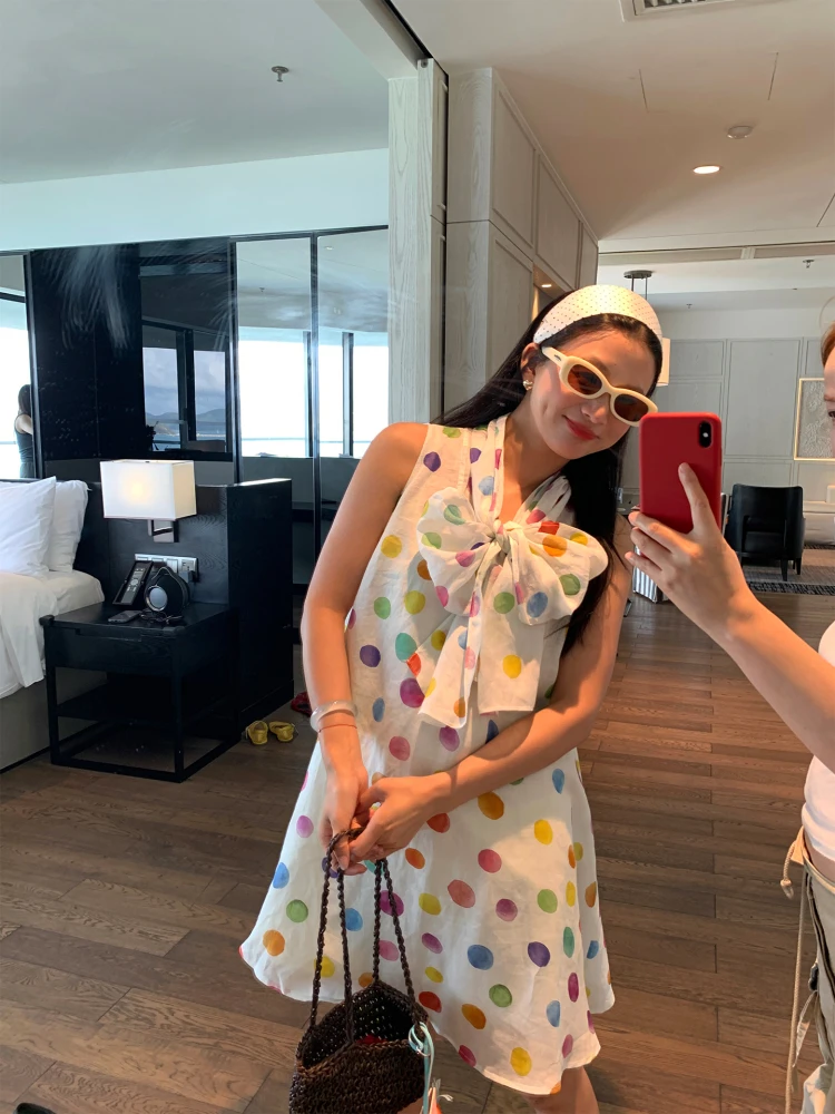 

2026 New Style Summer Casual Loose Waist Print Cotton Dress Women's Fashionable Polka Dot Sleeveless Dress V-neck A-line Skirt