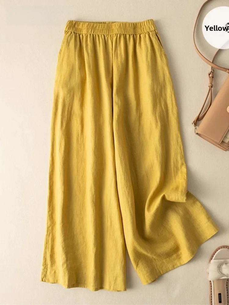 Summer Thin Faion Simple Linen Wide Leg Pants Women Elastic Waist Small Size Loose Sle Cool Seven-Foot Pants Casual Strai...