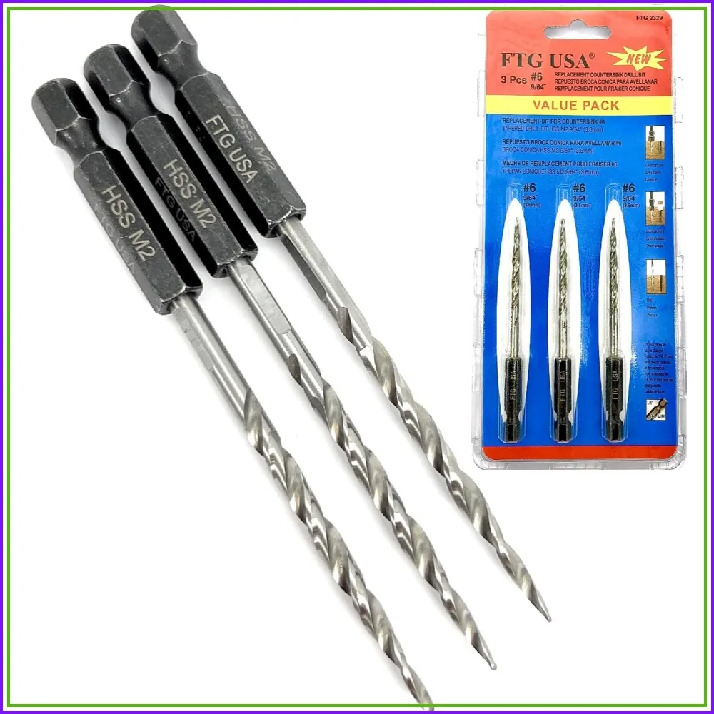 

3-Piece #6 (9/64") Tapered Countersink Drill Bit Set - Replacement Bits for Wood, Hex Shank, HSS M2
