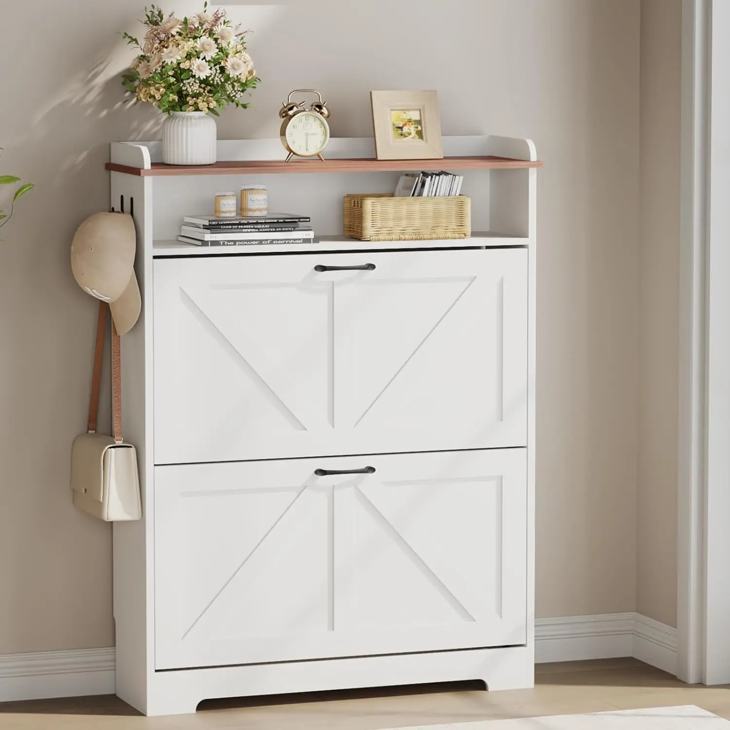 Narrow Shoe Cabinet with 2 Flip Drawers Adjustable Shelves & Hooks Entryway Hallway Storage 31.5"x8.7"x41.7", Customized