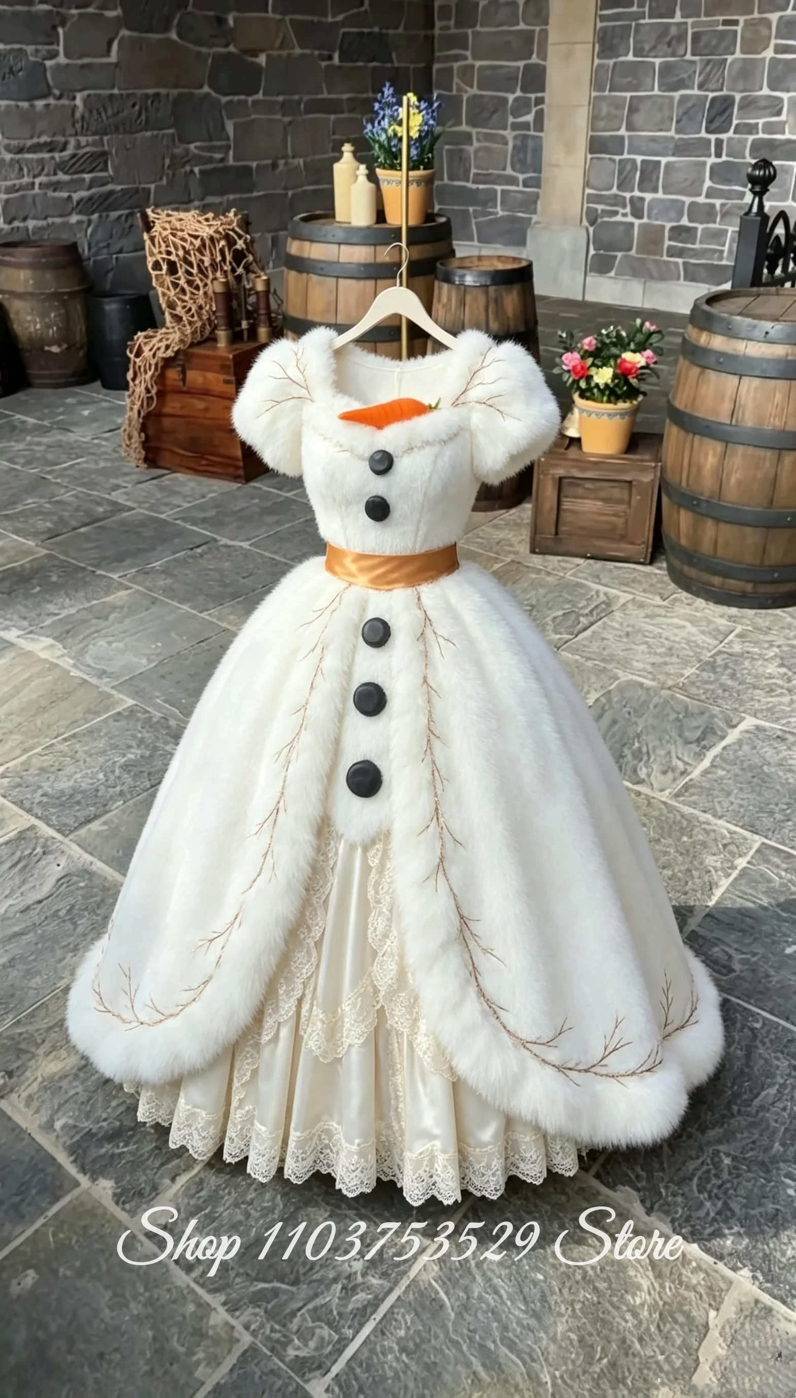 Customized Fuzzy Olaf Fairy Tale Flower Girl Dress Buttoned Carrot Snowman Cosplay Party Children's Christmas Dress Halloween