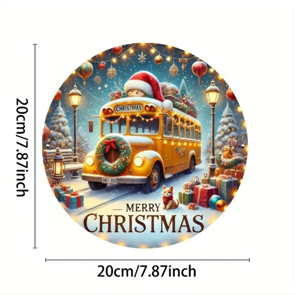 لافتة حافلة صفراء لعيد الميلاد الريفي، لوحة، حافلة ثلجية احتفالية مع إكليل وقبعة سانتا، تحية "عيد ميلاد سعيد"