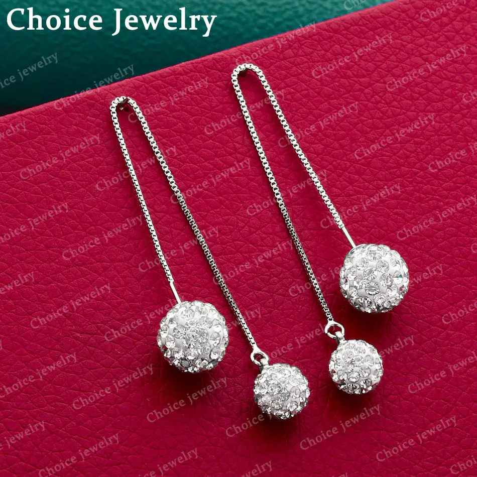 1 Pair 925 Sterling Silver Shiny Crystal Shambhala Earrings Long Drop Design for Women's Fashion Jewelry Everyday Accessories