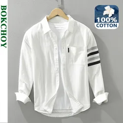 2024 Spring New Casual Solid  Color 100% Cotton Long Sleeve Shirts for Men Clothing Simple Fresh Turn-down Collar Soft CM7210