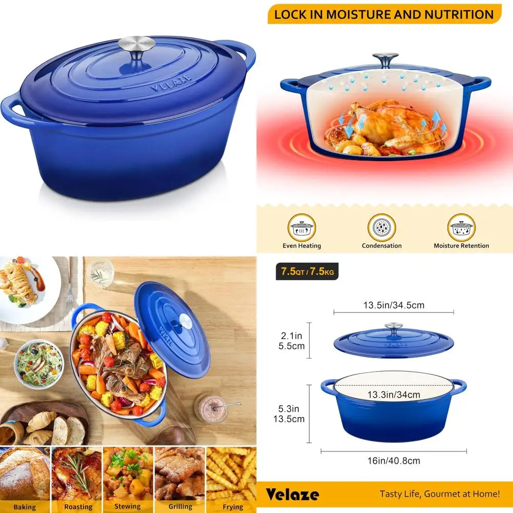 

Enameled Cast Iron Dutch Oven, 7.5 QT Oval Pot with Lid, Ideal for Bread Baking, Cooking, Frying, and More