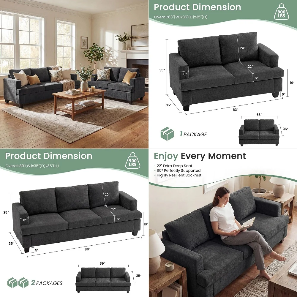 

Corduroy Sofa Set,Upholstered Loveseat, and 3Seater Couch with Plush Cushions and Rolled Arms, Modern Living Room Furniture Set