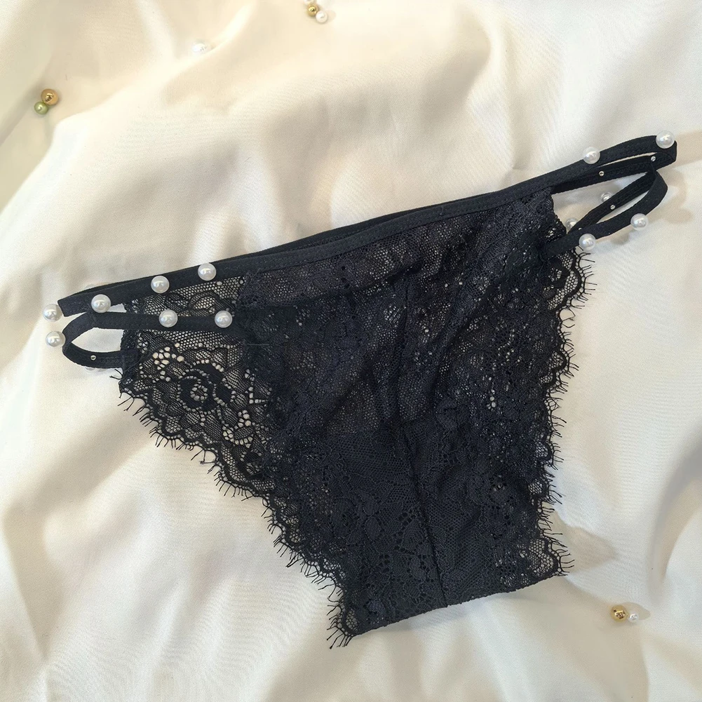 

Женские кружевные трусики с блестящим жемчугом, прозрачные полые трусы, сексуальное комфортное нижнее белье, удобные дышащие стринги, эластичные