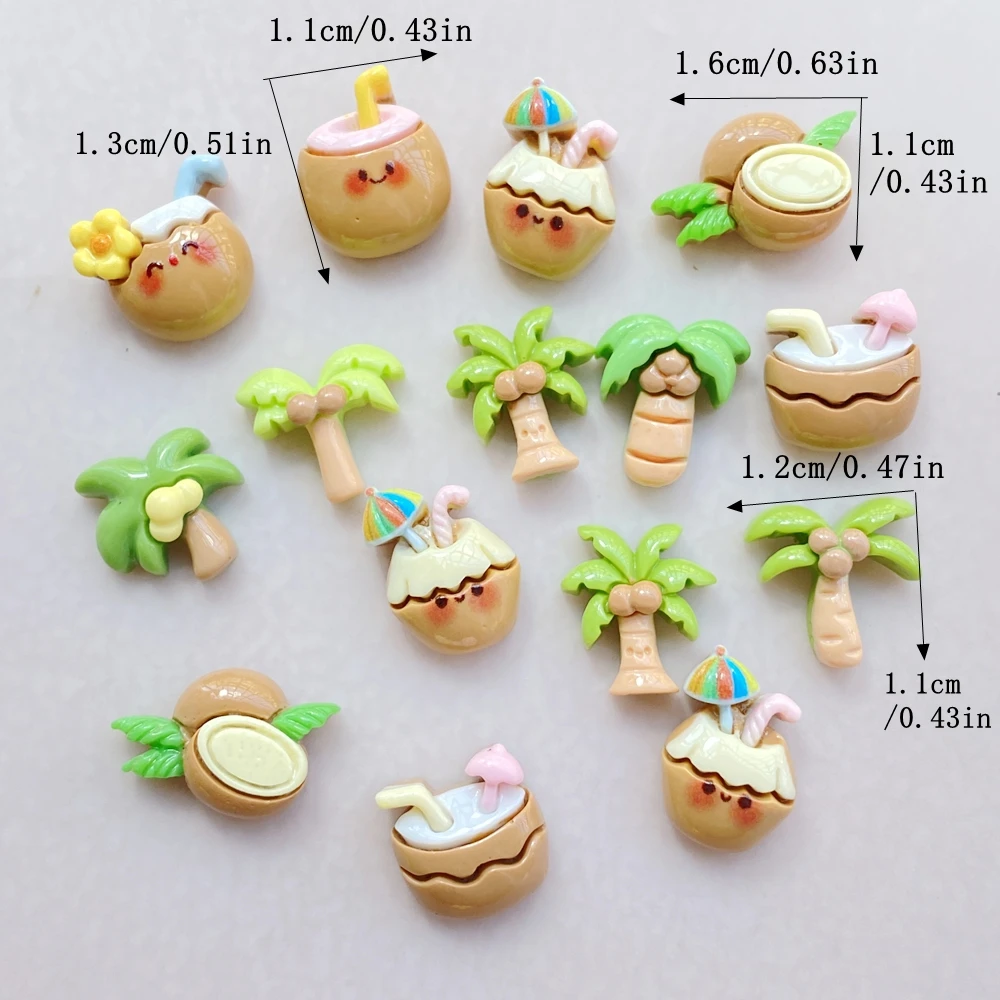20Pcs Cute Cartoon Coconut, Coconut tree Nail Art Resin Designer Charms DIY Craft For Nail 3D Decorations Jewelry