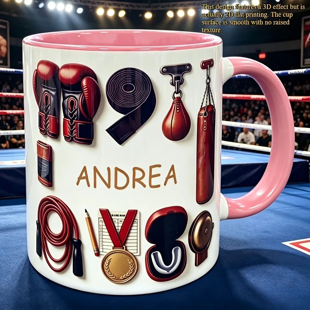 Gepersonaliseerde keramische mok met een boksthema, bedrukt met een 2D-heattransferproces, een ideale koffiemok als cadeau voor sporters.