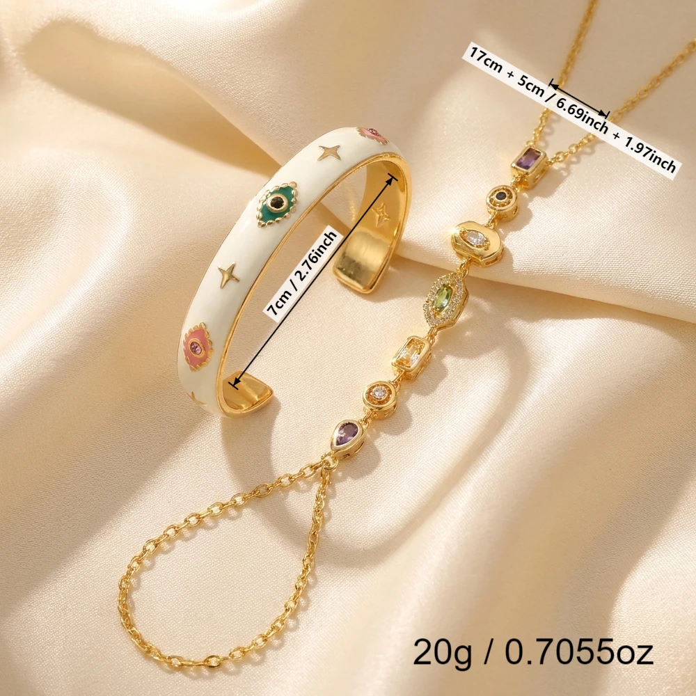 Vergoldetes Zirkon-Geometrie-Handketten-Set aus Edelstahl mit Bösem-Auge-Armreif für Damen, wasserdicht, Party-Schmuck, Geschenk – Detail 3