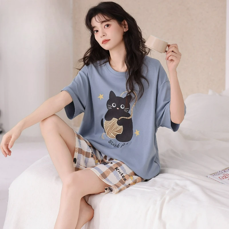 

2026 Summer Fashionable Pure Cotton Short Sleeved Shorts for Home Wear Cute Cartoon Built-in Chest Cushion Sleepwear for Women