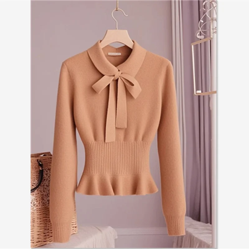 Autumn New Sweet Bow Lace-Up Cashmere Sweater Elegant Office Lady Solid Color Knitted Pullovers Women's Slim Wool Knitwear 762P