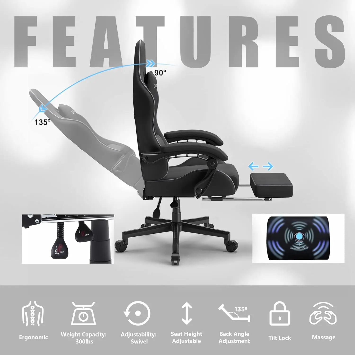 Dowinx Gaming Chair Fabric with Pocket Spring Cushion,Game Chair Cloth with Headrest, Ergonomic Computer Chair with Footrest